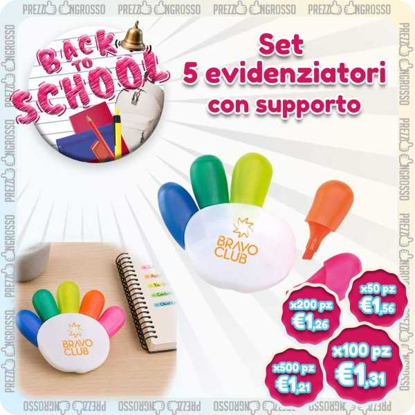 Set 5 Evidenziatori con Supporto Personalizzato | Back to School | Prezzi Ingrosso