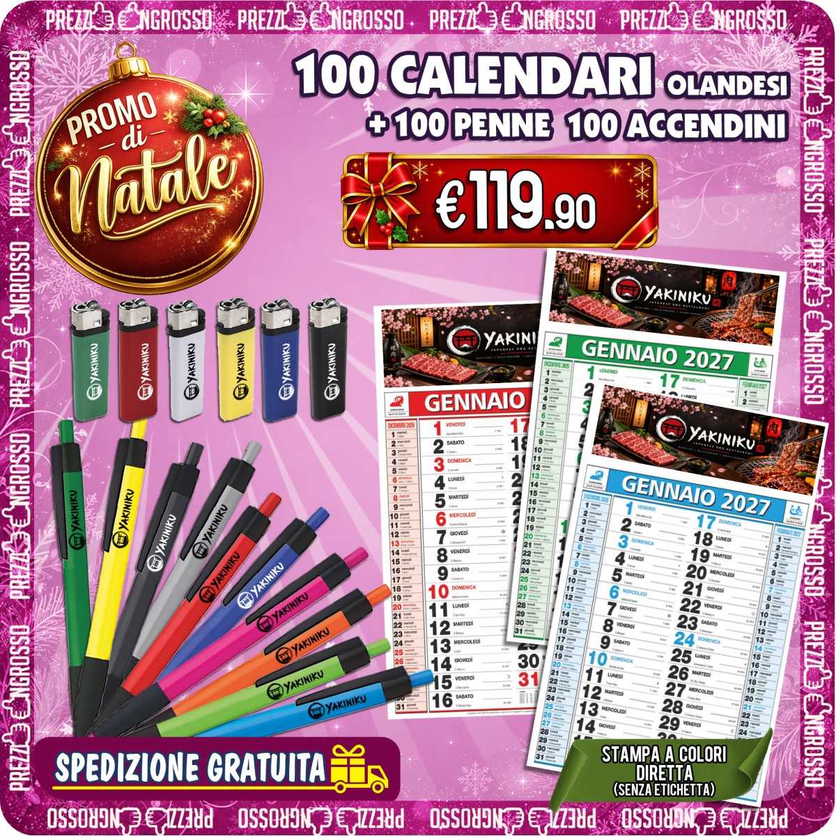 PROMO 100 Calendari + 100 Penne + 100 Accendini Personalizzati | Prezzi Ingrosso