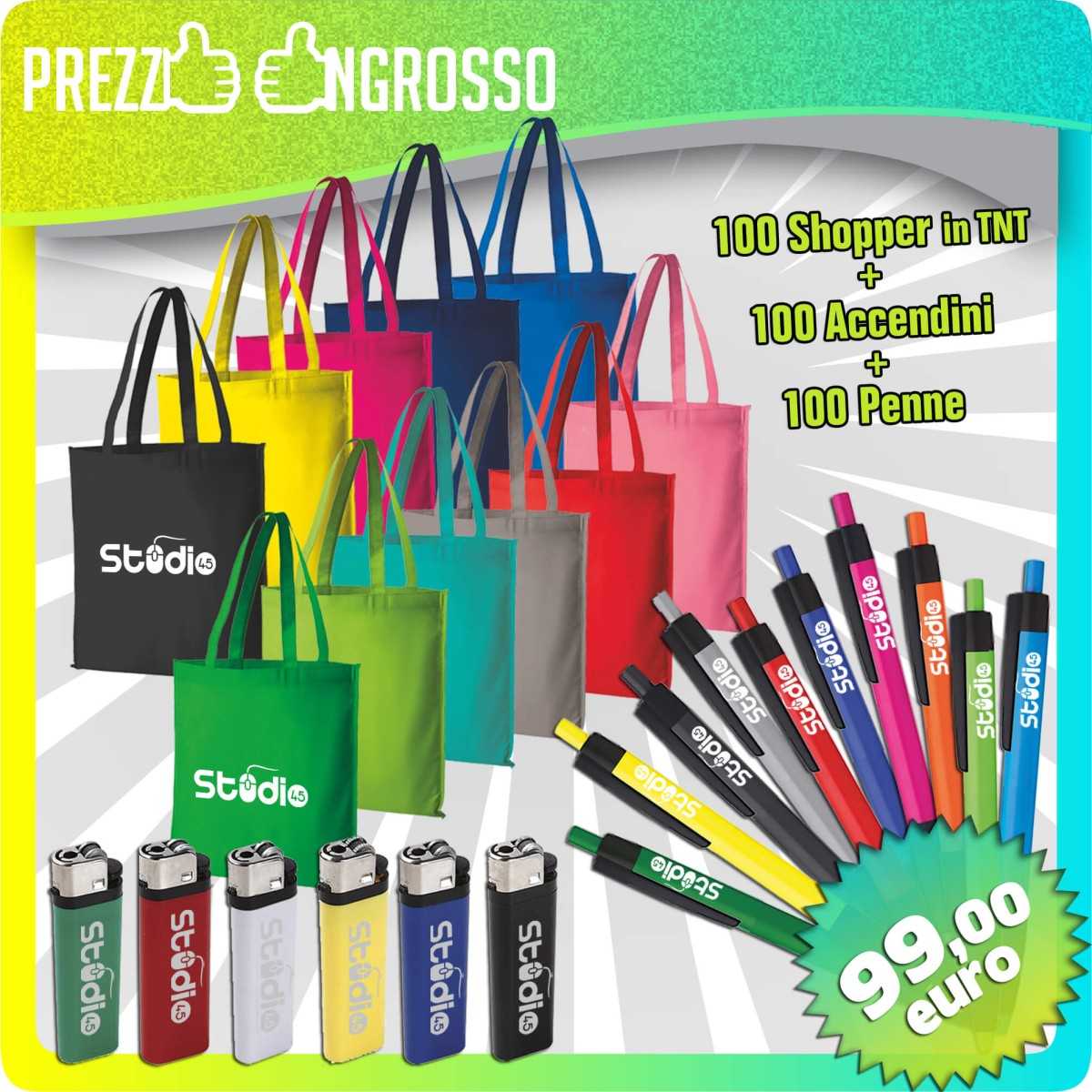 100 SHOPPER IN TNT + 100 ACCENDINI + 100 PENNE PERSONALIZZATE