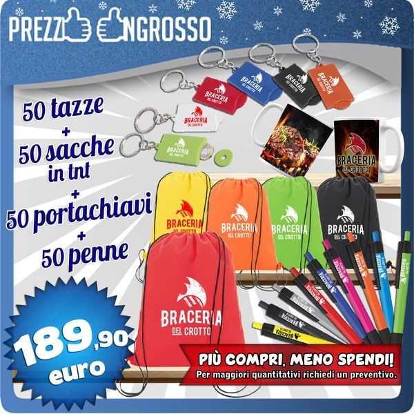 50 TAZZE + 50 SACCHE + 50 PORTACHIAVI + 50 PENNE